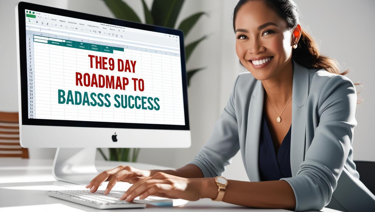 a happy woman is sitting at her computer completing her 90 day roadmap to badass success plan